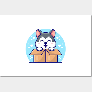 Happy cute husky in paper box Posters and Art
